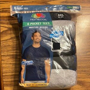 Fruit of the Loom Black and Gray Undershirts NEW 3XL 6 Pack Pocket Tees